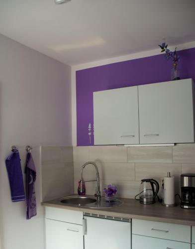 a kitchen with white cabinets and a sink at Zimmervermietung Hebenstreit in Bernburg