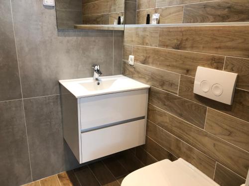 a bathroom with a sink and a toilet at De Stadspoort appartementen in Aardenburg