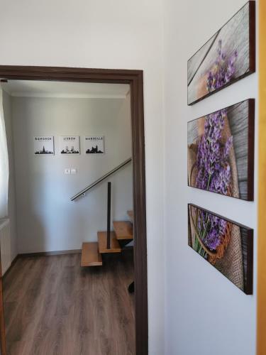 a doorway into a room with flowers on the wall at Strigonia Apartman in Esztergom