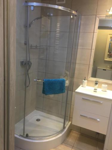 a shower with a glass door in a bathroom at Mieszkanie 3 Maja in Sopot