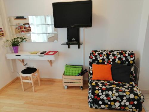 uma sala de estar com uma cadeira e uma televisão na parede em Studio Apartment Nature em Ravni