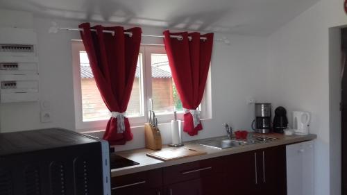 een keuken met een raam met rode gordijnen en een wastafel bij La Reine des Plages in Hardelot-Plage