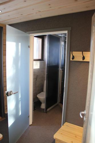 a bathroom with a toilet and a glass door at Saaga 2 in Kuusamo