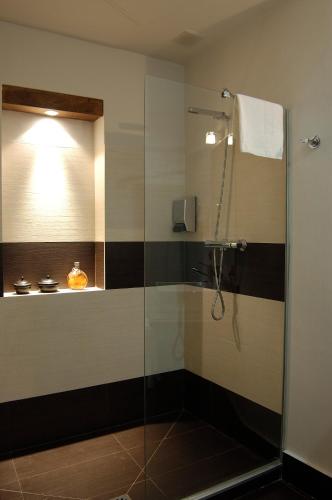 a bathroom with a shower with a glass door at Casa Rural La Botica in Oropesa