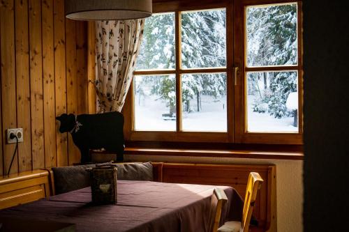 a dining room with a table and a window at Apartments & Relax Greta in Dobbiaco