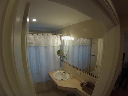a bathroom with a sink and a mirror at Alma Andina Hosteria in Villa La Angostura