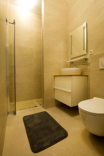 a bathroom with a toilet and a sink and a shower at Metropolis Apartments in Zagreb