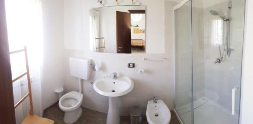 bagno con lavandino, servizi igienici e specchio di Oasi del Sangro a Castel di Sangro