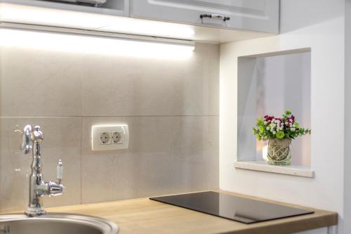 a kitchen with a sink and a vase of flowers at Split Center Apartments in Split