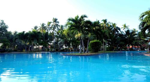 a large pool of blue water with palm trees at Muine Century Beach Resort & Spa in Mui Ne