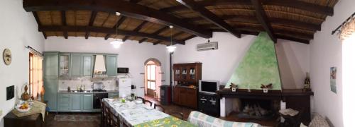 a living room with a fireplace and a kitchen at Villa L'Oleandro in Oliena