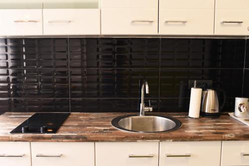 a kitchen counter with a sink and black tiles at Golden Mirror Apartment in Novi Sad
