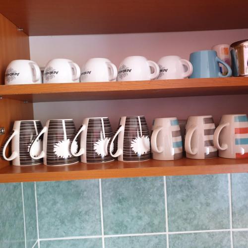 a shelf of cups and mugs in a kitchen at Apartments Šeherzada in Pula
