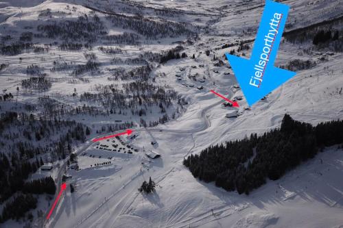 an aerial view of a snow covered mountain with trees at Fjellsporthytta nr. 4 in Sogndal