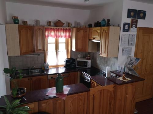 a kitchen with wooden cabinets and a counter top at Szentgyörgyvölgy Vendégház Őrség in Szentgyörgyvölgy