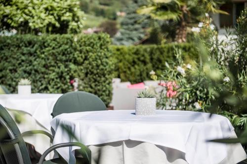 a table with white table cloth and a potted plant on it at DAS BADL - Smart Retreat AO in Caldaro