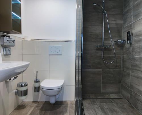 a bathroom with a shower and a toilet and a sink at Boutique-Hotel Weigels Bergfreiheit in Winterberg