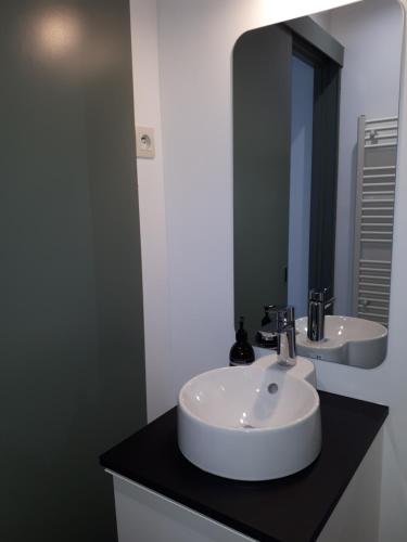 ニオールにあるUn Appart en Villeのバスルーム(白い洗面台、鏡付)