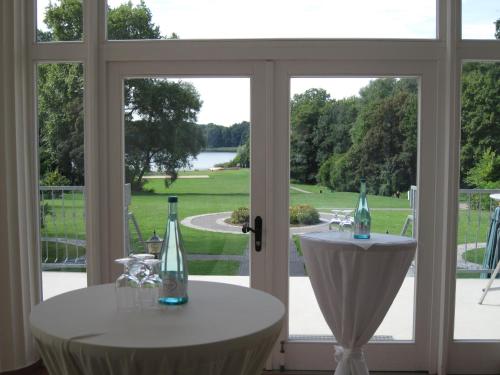 a glass door with a table with wine bottles on it at Gut Gnewikow in Gnewikow