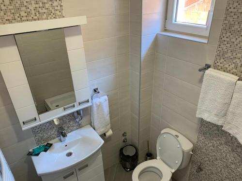 a bathroom with a sink and a toilet and a mirror at Airport view Apartment in Belgrade