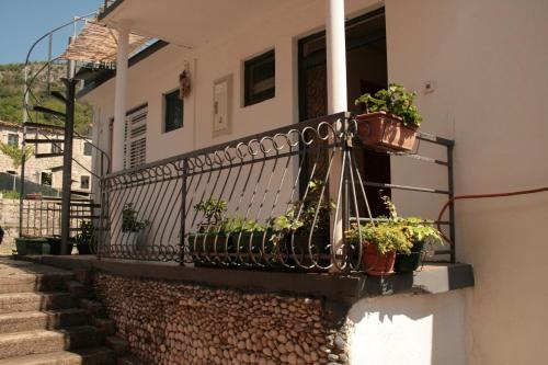 a balcony with potted plants on the side of a house at Studio apartman na plaži in Rafailovici
