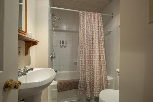 a bathroom with a sink and a shower curtain at Auberge Sauvignon in Mont-Tremblant