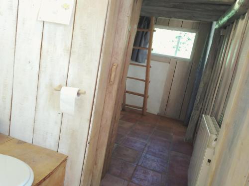 a bathroom with a toilet and a door with a window at La cabane en bois in Villemur-sur-Tarn