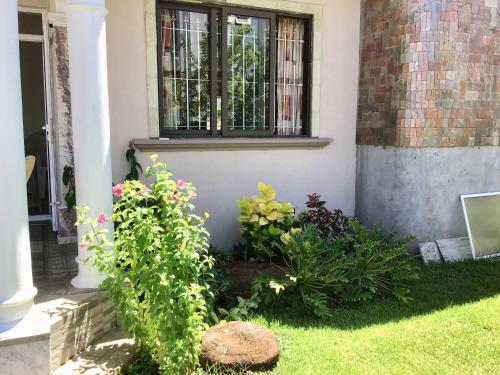 a window in a house with flowers in the yard at Cardamon Villa is a 2 bedroom with 1 bathroom and seperate toilet detached house with AC and swimming pool , 5 minutes walk from Flic en Flac public beach in Flic-en-Flac