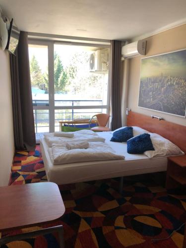 sypialnia z 2 łóżkami i dużym oknem w obiekcie okuninkapokoje w Okunince