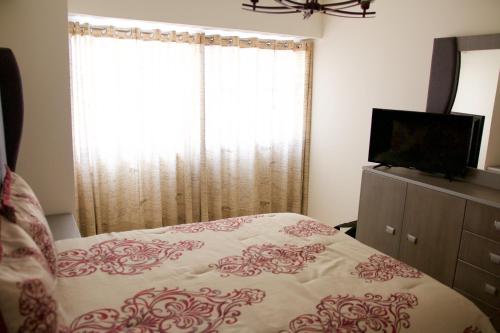 a bedroom with a bed and a television and a window at Departamento Centrico Guadalajara in Guadalajara