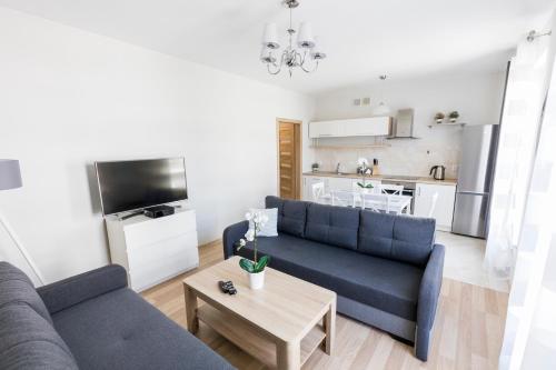 ein Wohnzimmer mit einem blauen Sofa und einem Tisch in der Unterkunft Apartament 3d Szczecin in Stettin
