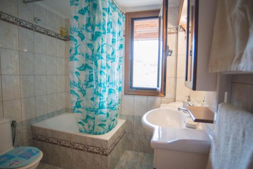 a bathroom with a shower curtain and a toilet and a sink at Villa Irini Ammousa in Ágios Nikólaos