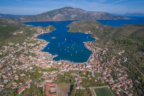 an aerial view of a town next to a lake at Cavos Seaside House in Vathi, Ithaka