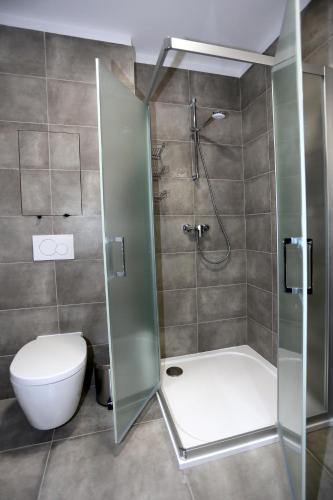 a bathroom with a toilet and a glass shower at Apartment Klostermann 006 in Železná Ruda