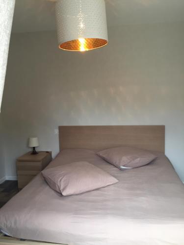 een bed met twee kussens en een licht erboven bij Maison Corse in Aléria