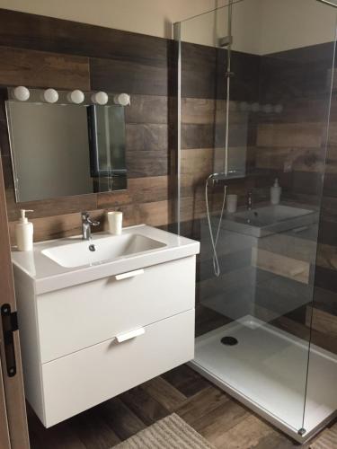 een badkamer met een wastafel en een douche bij Maison Corse in Aléria