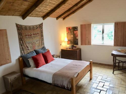 a bedroom with a bed with red pillows on it at Casa da Pedra Azul in Santo Estêvão