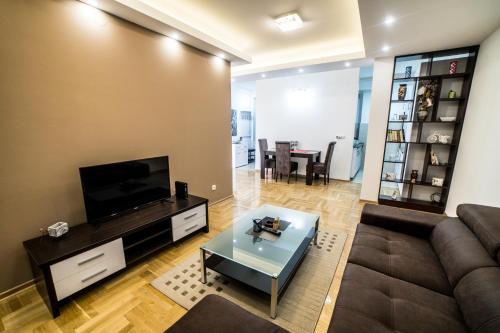 ein Wohnzimmer mit einem Sofa und einem TV in der Unterkunft Premium 1 apartments in Aranđelovac