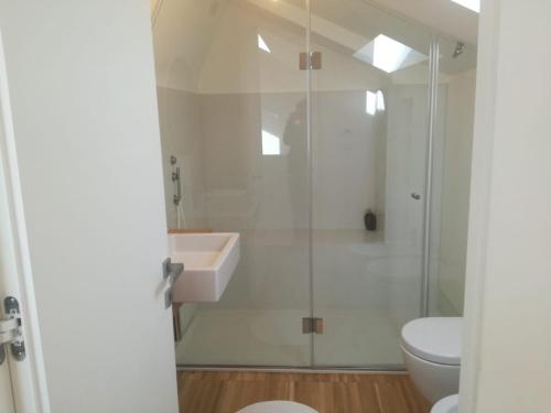 a bathroom with a shower and a sink and a toilet at La casa di Mario...tra le case Via del Giglio 52 in Ortona