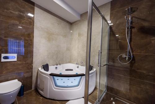 a bathroom with a shower with a toilet and a sink at Resort Ujevara e Drinit in Peje