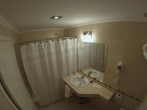 a bathroom with a sink and a shower curtain at Alma Andina Hosteria in Villa La Angostura