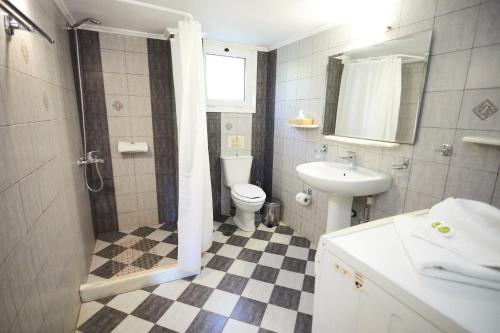 La salle de bains est pourvue de toilettes, d'une douche et d'un lavabo. dans l'établissement Zorbas Apartments, à Volissos