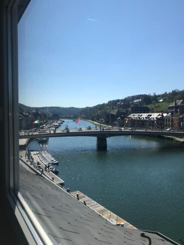a view of a bridge over a river at Le saxo cuivré in Dinant