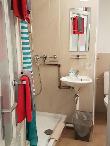 Kylpyhuone majoituspaikassa Garni Giacometti