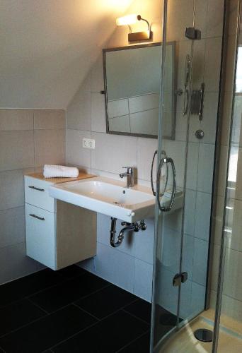 a bathroom with a sink and a shower at Reetdachhaus Strandecke in Freest