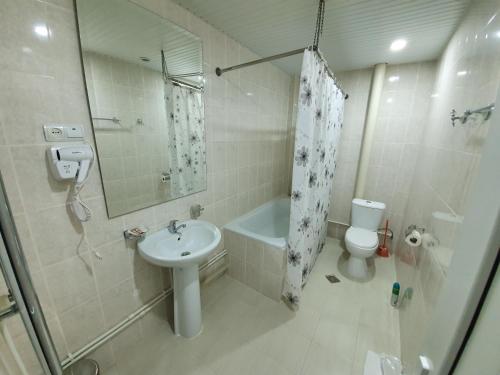a bathroom with a sink and a toilet and a shower at Mina Hotel in Goris