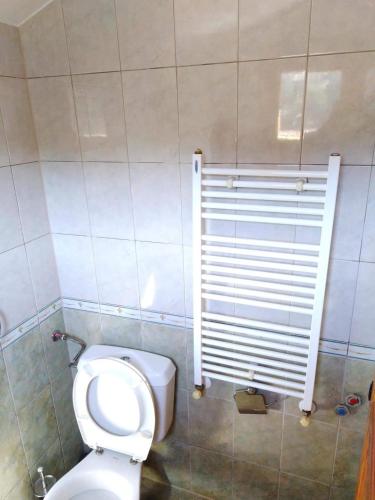 a bathroom with a white toilet and a window at вила Здравец in Yagodina