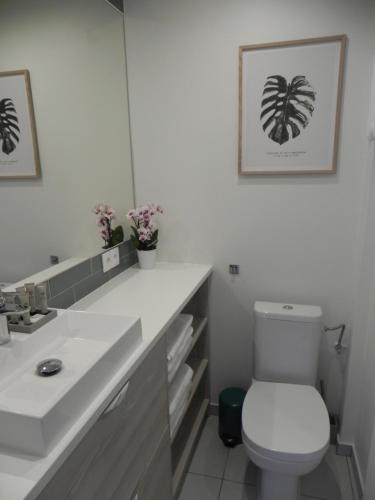 a bathroom with a toilet and a sink and a mirror at Apartamenty Starówka in Kołobrzeg