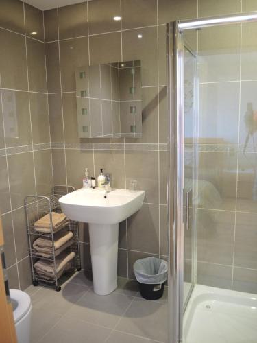 a bathroom with a sink and a shower at On the Rocks B&B in Greencastle