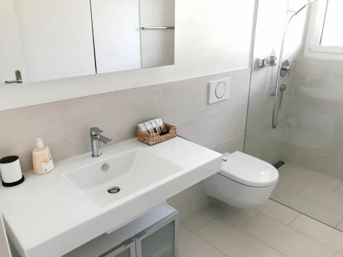 a white bathroom with a sink and a toilet at Easy-Living Apartments Dietwil in Dietwil